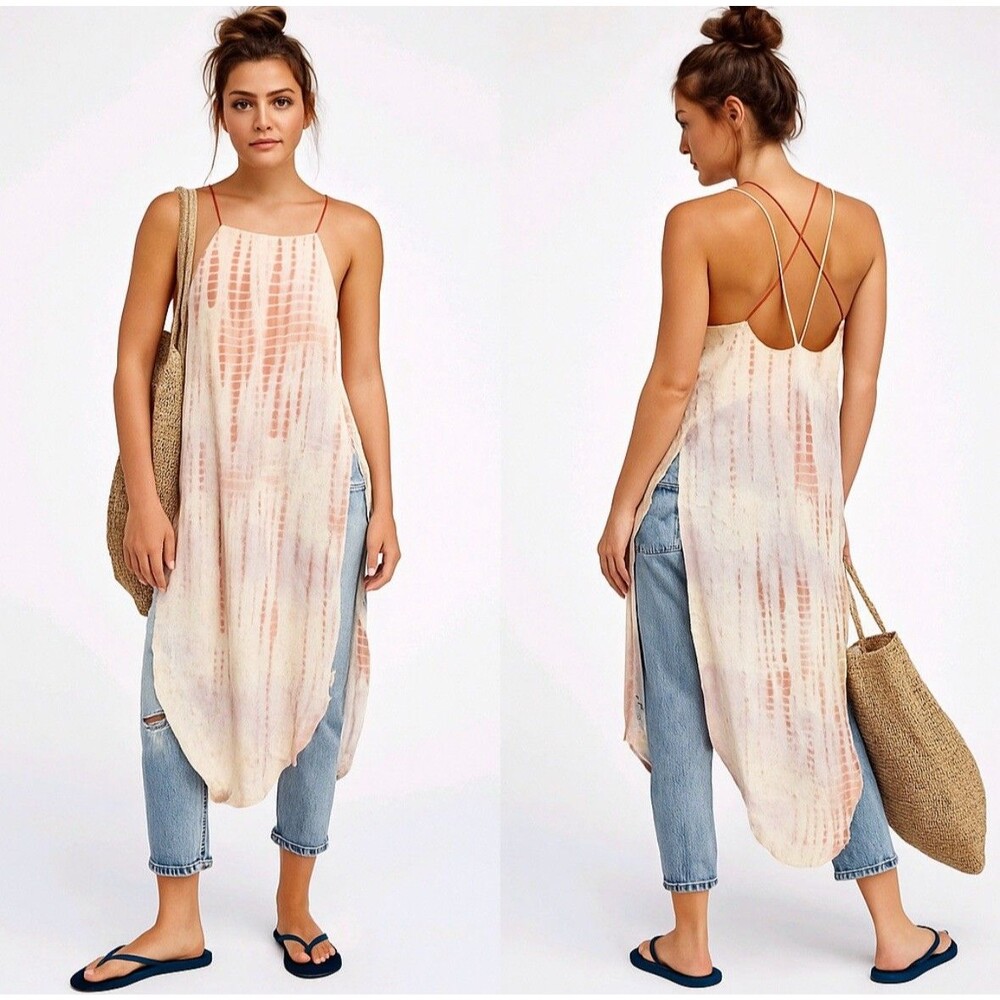 Free People Small Chiffon Tie-Dye long Top Boho Beachy open back lightweight
